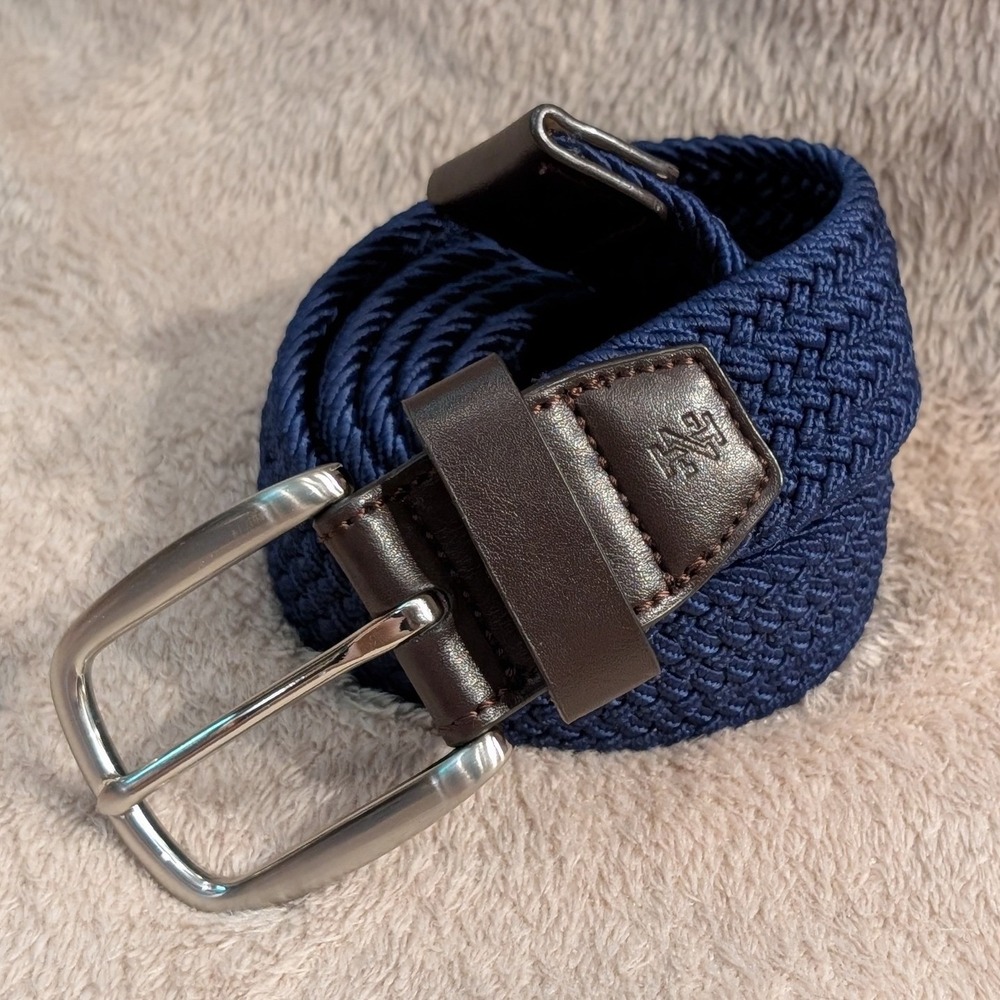 IZOD Belt Braided Stretch Woven Synthetic Leather Trim L 38-40 Navy Blue 45 Inch